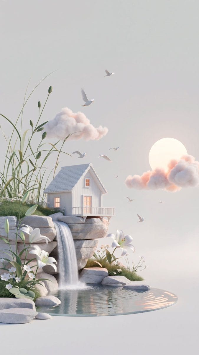 悬崖瀑布木屋梦幻微缩场景