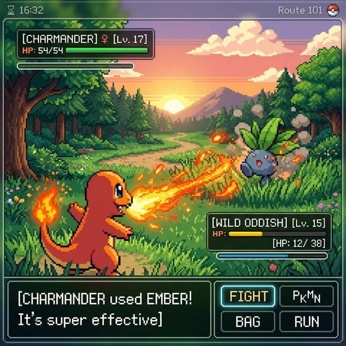 宝可梦式 GameBoy 像素战斗场景