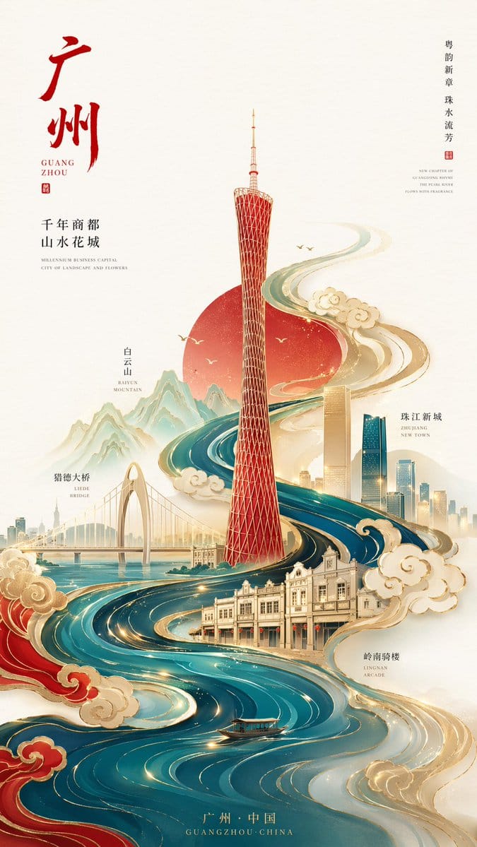 极简国潮鎏金广州塔海报