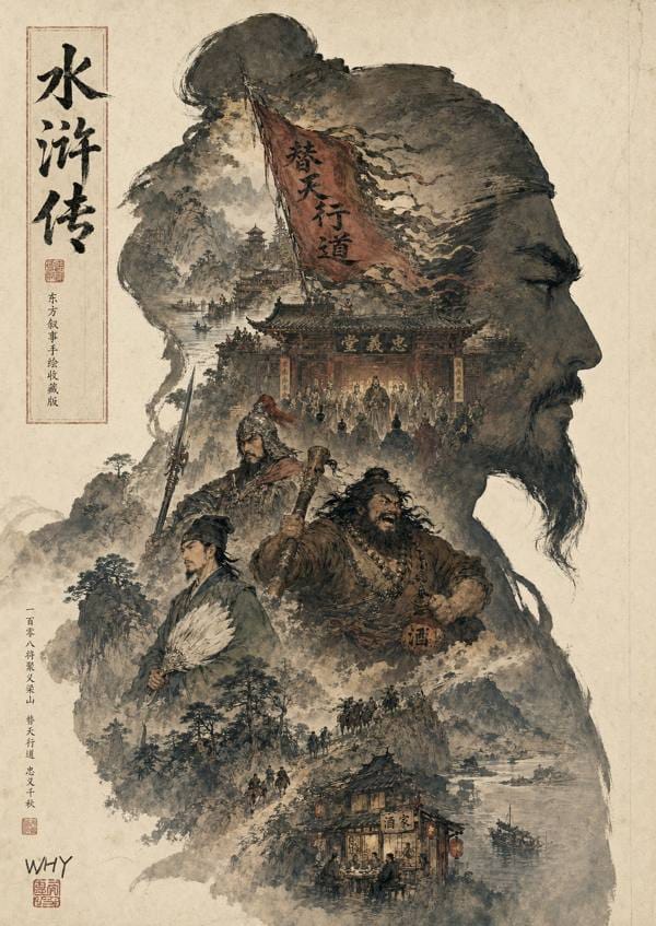 东方叙事侧脸剪影书卷海报：名著经典视觉化